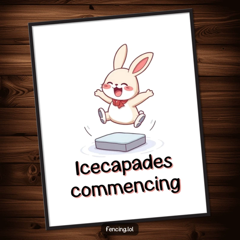 Funny digital art print of a giggling bunny attempting a triple jump on ice; a heartwarming and humorous illustration, ideal for printing as a gift.