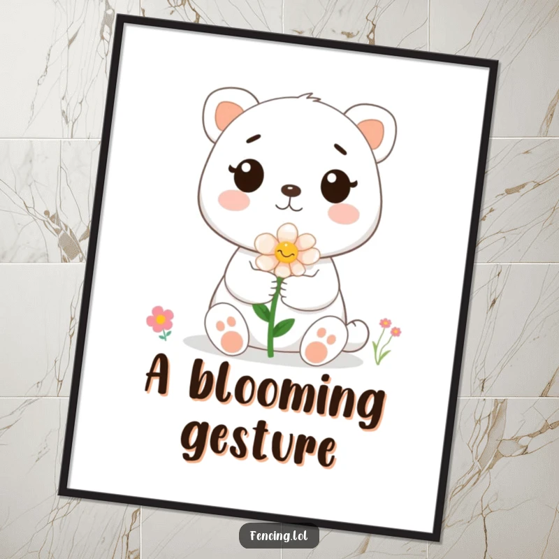 Funny cute animal offering a flower to a bee, a digital art print that adds a touch of whimsy and humor.