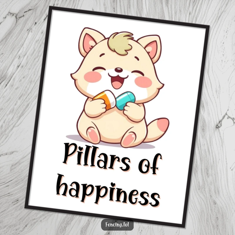 Funny digital art print, joyful animal gently giving a colorful pill, a representation of happiness and humor.