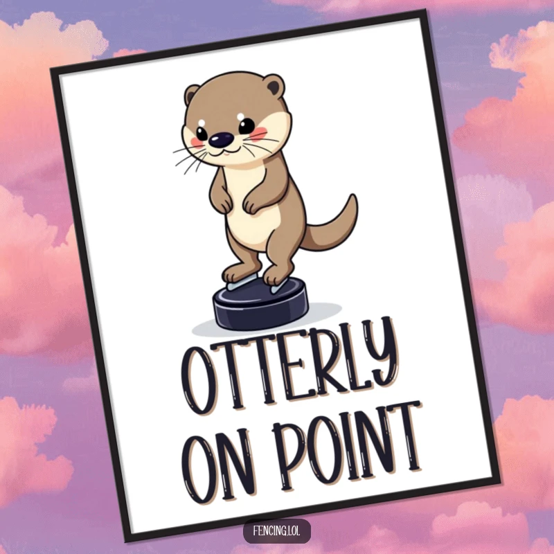 Funny digital art print of a determined otter balancing on a puck while skating; a heartwarming and humorous illustration, ideal for printing as a gift.