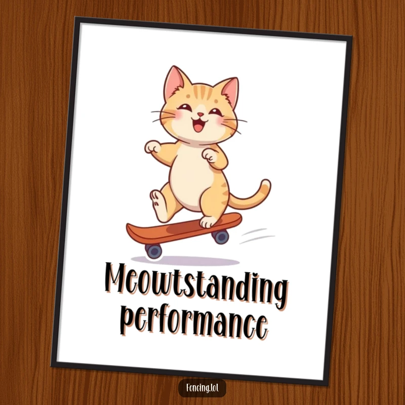 Funny digital art print of a playful cat balancing and gliding gracefully on a single skate, full of charm.