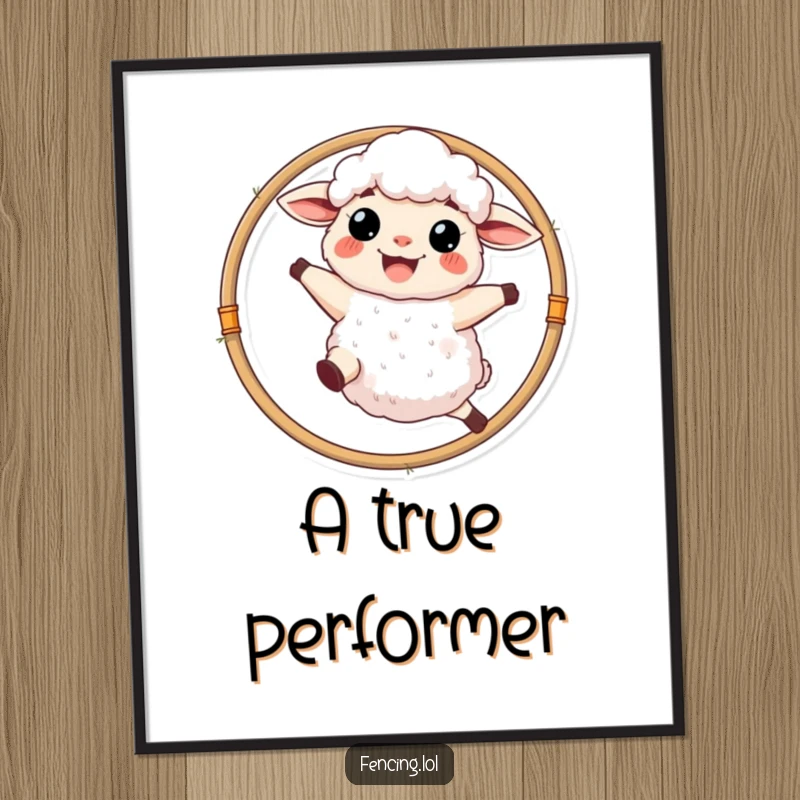 Funny fluffy sheep with a wide grin leaping through a hoop, vibrant and humorous digital art print.