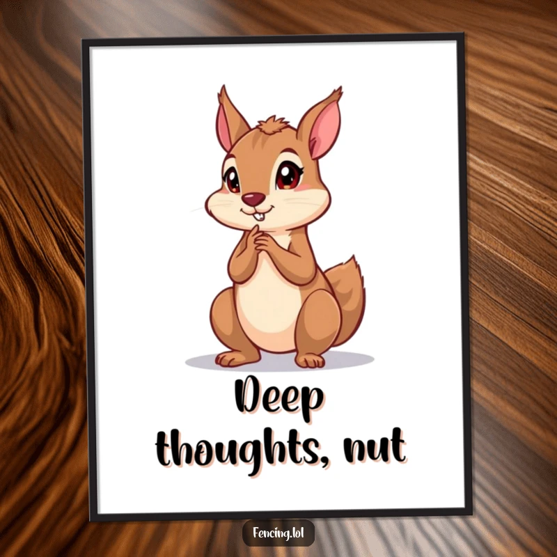 Funny digital art print of a playful squirrel in a dramatic, intense thinking pose, bringing intellectual humor and personality to wall art.