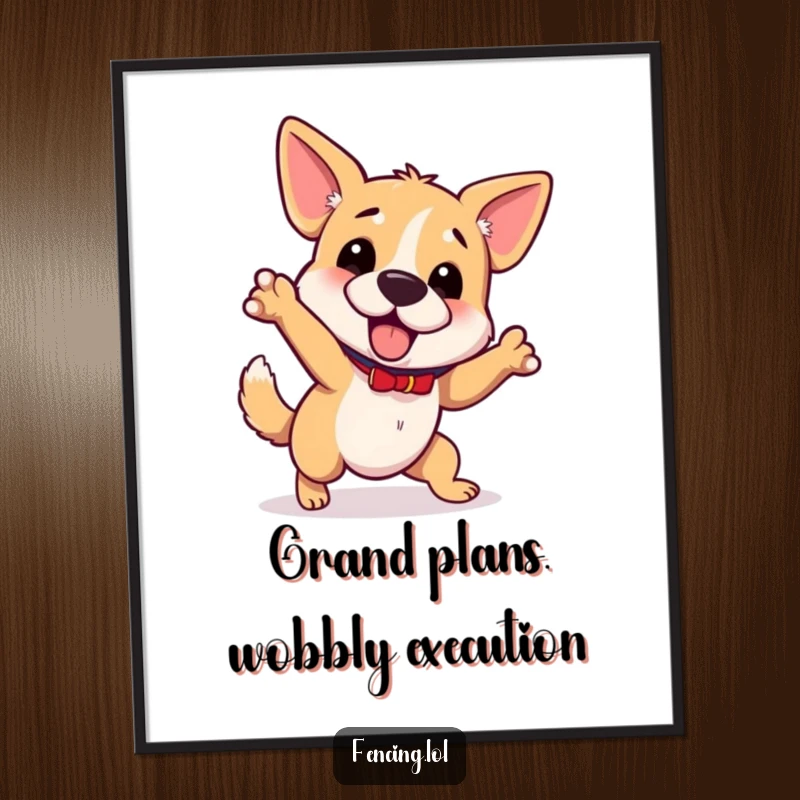 Funny wobbly dog digital art print, tripping while gesturing grandly, instant download, humorous decor gift.