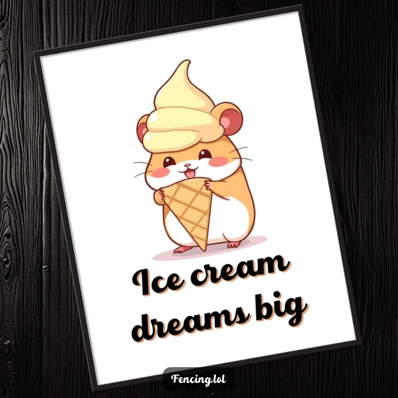 Funny digital art print of a hamster hilariously trying to wear a giant ice cream cone, ideal for printable decor.