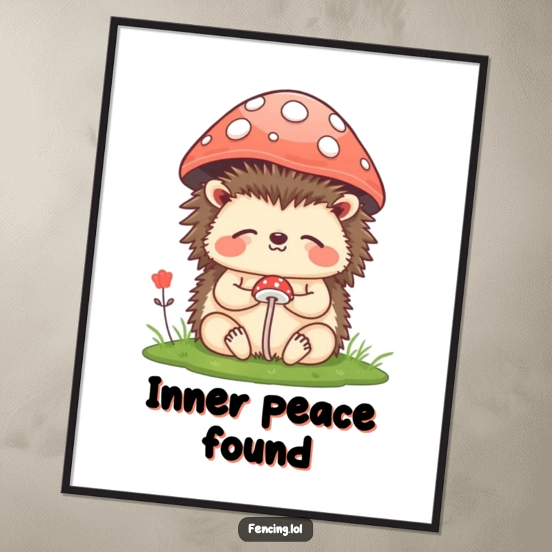 Funny Digital Art Print: A happy hedgehog meditating under a tiny mushroom, offering instant humorous zen for digital display or printing.