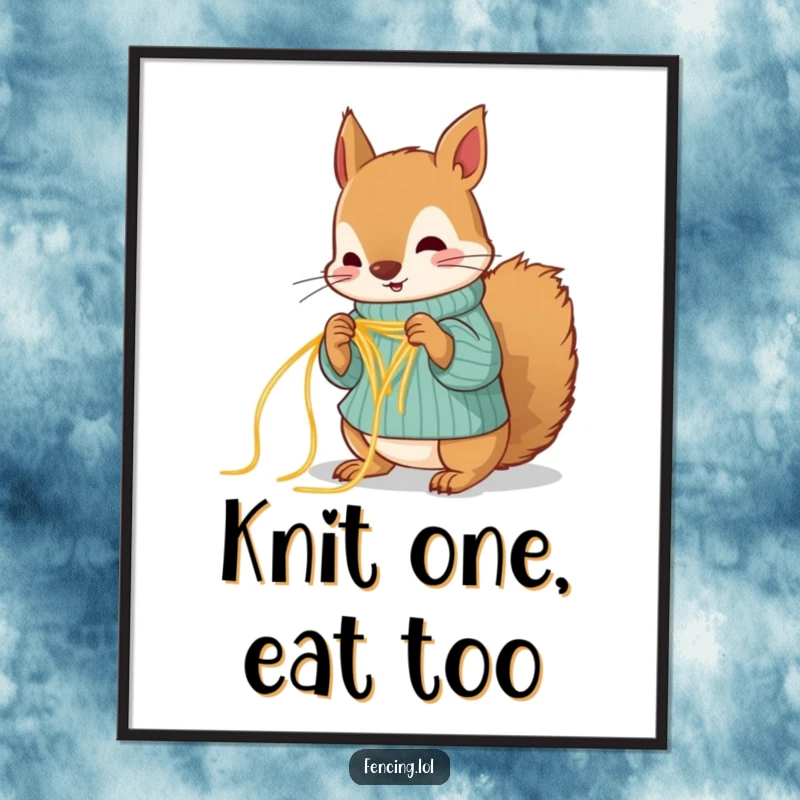 Funny squirrel digital art print, hilariously knitting a sweater with spaghetti, perfect for quirky wall decor.