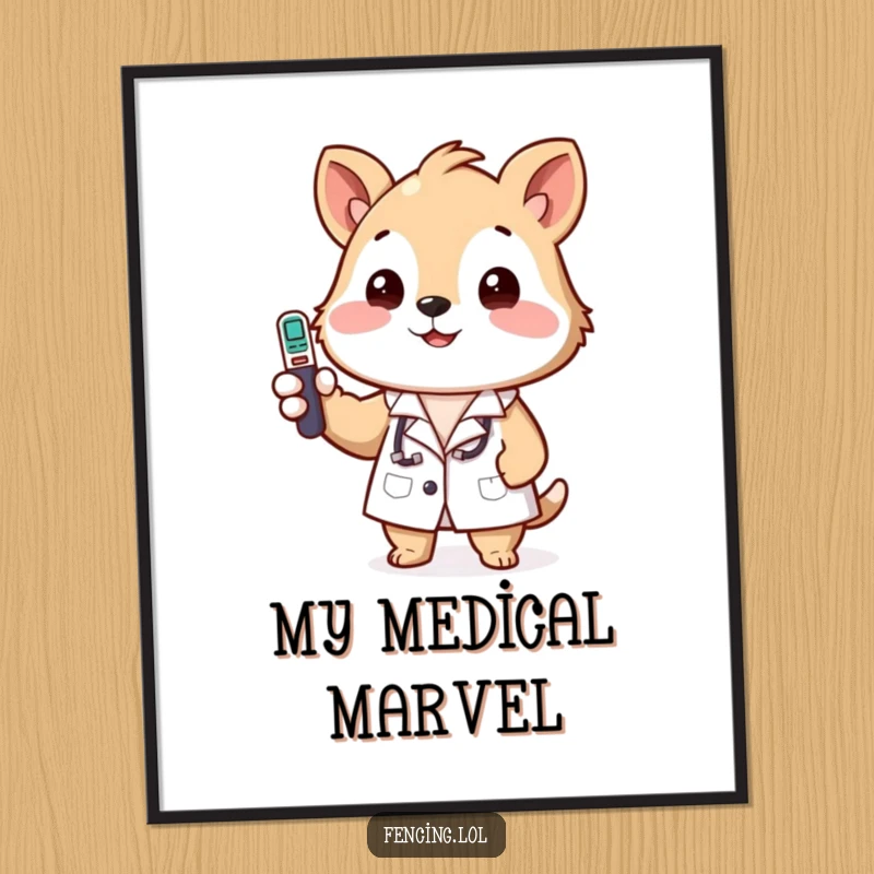 Funny digital art print of a happy animal in a lab coat, checking a temperature with a smile.