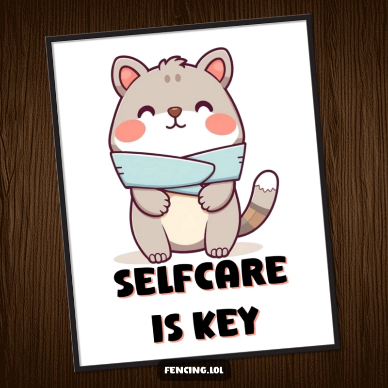 Funny digital art print of a cheerful animal applying a bandage to a mock injury, bringing heartwarming humor.