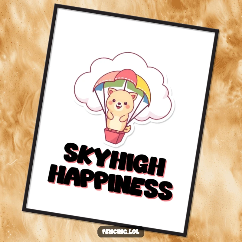 Funny digital art print of a happy animal floating from a fluffy cloud on a colorful parachute.