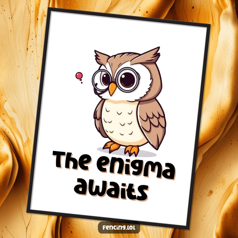 Funny digital art print of a thoughtful owl wearing a monocle, pondering a giant question mark, intellectual humor, instant downloadable art.