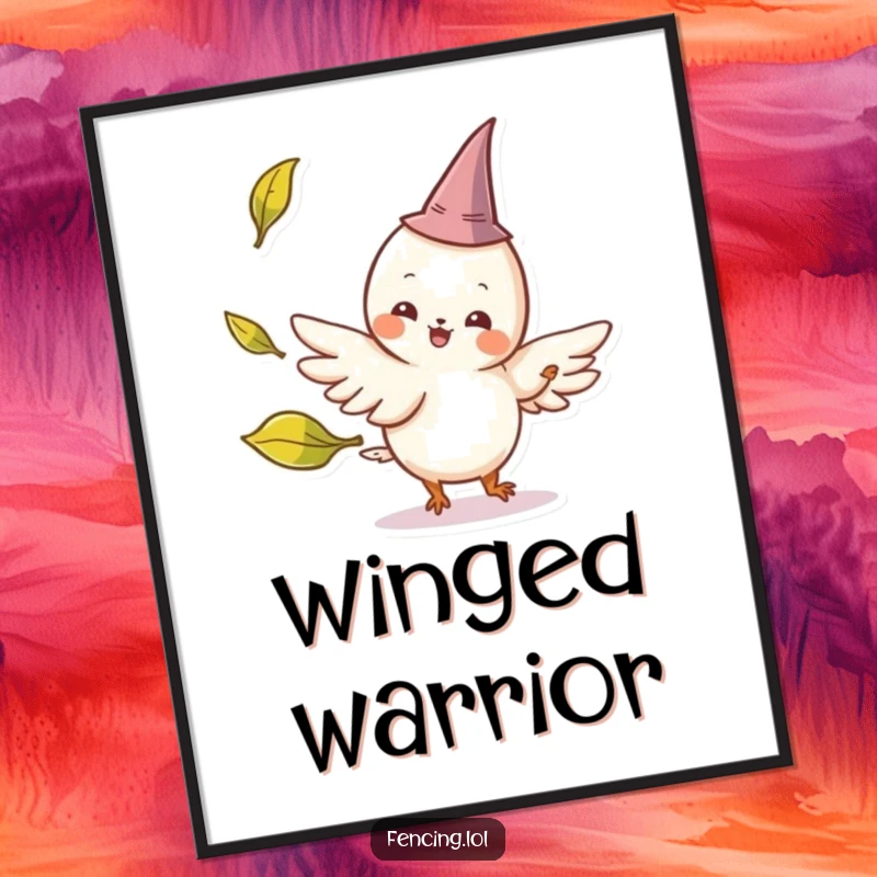 Funny digital art print of a cheerful, winged creature wearing a tiny pointed hat parrying a playfully tossed leaf, whimsical and humorous illustration.