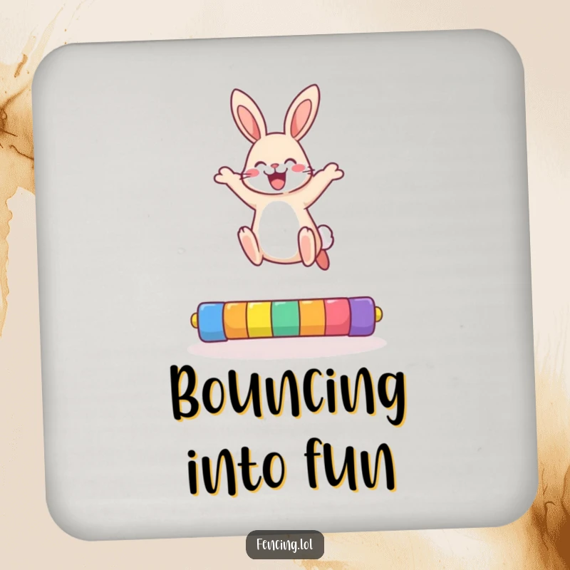 Funny rabbit coasters featuring a cheerful bunny mid-high jump, adding a touch of playful humor to drink protection.