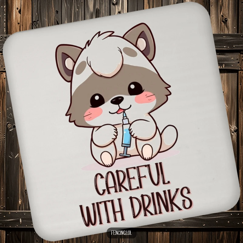 Funny coasters showing a determined animal carefully using a tiny syringe, offering humorous protection for surfaces.