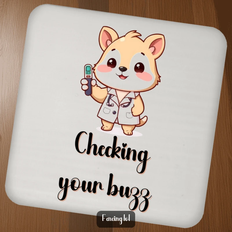 Funny drink coaster with a happy animal in a lab coat, checking a temperature, guarding your drink.