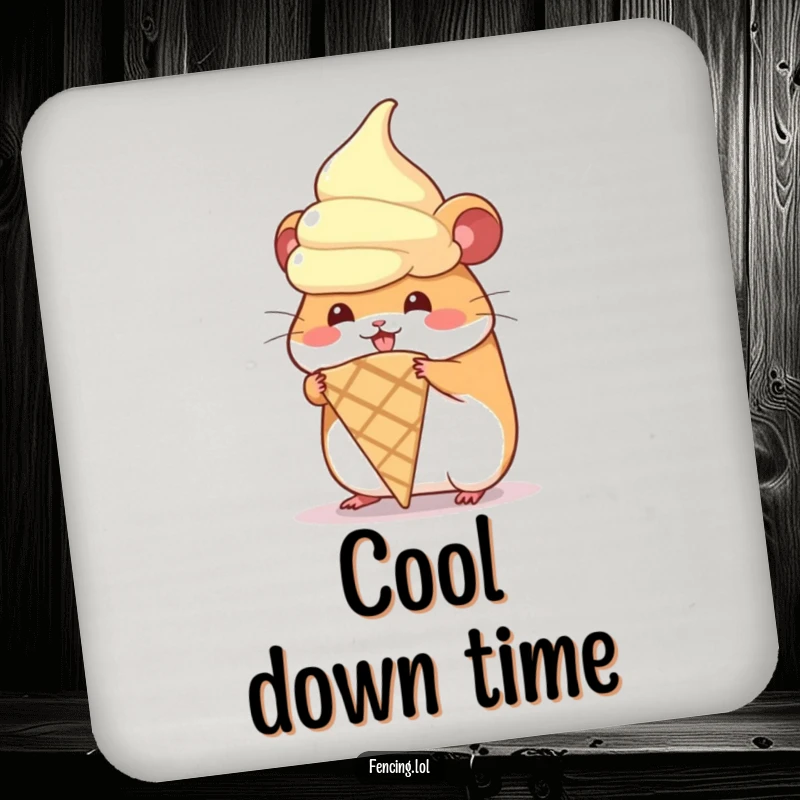 Funny drink coaster with a hamster hilariously attempting to wear a giant ice cream cone, protecting tables.