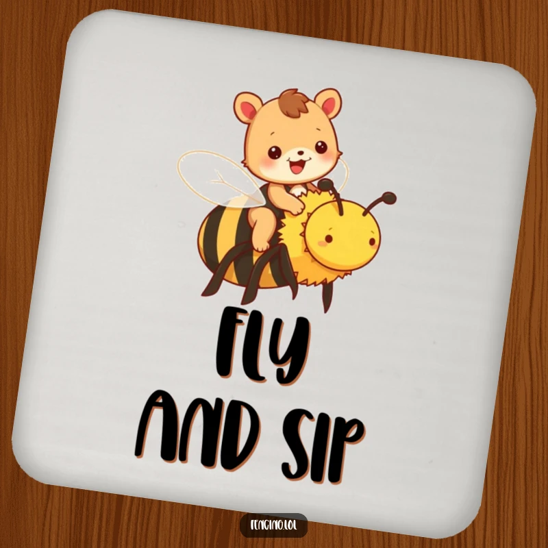 Funny animal coaster with a cheerful animal riding a large bee, a humorous surface protector.