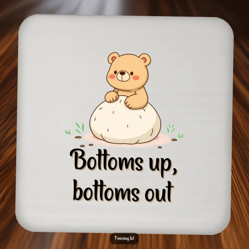 Funny drink coaster with an illustration of a bear sitting on a whoopee cushion during a hike, a humorous addition to any surface.