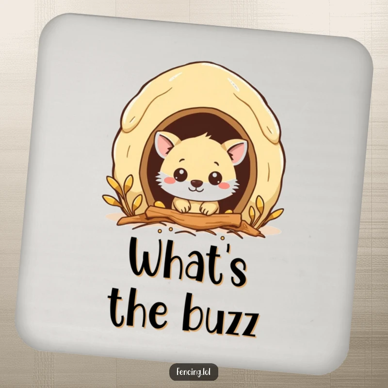 Funny drink coaster featuring a curious animal peeking into a beehive, protecting surfaces with whimsical humor.