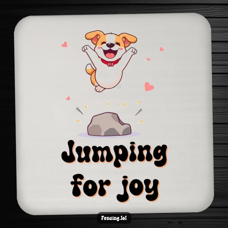 Funny drink coaster with a joyful dog leaping high in a spectacular vault, adding a decorative and humorous touch to tabletops.