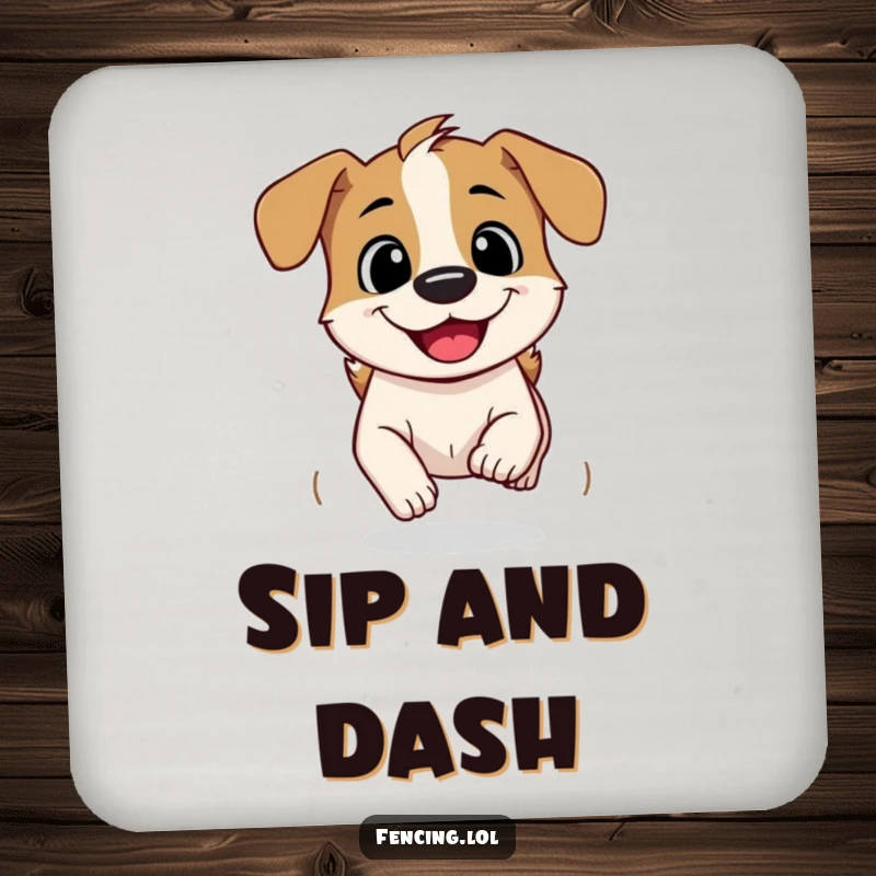 Funny Coaster: A curious dog speeding ahead with a grin, providing humorous protection for furniture.