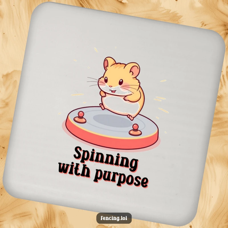 Funny drink coaster with a determined hamster navigating a complex floor routine with speed, adding a decorative and humorous touch to tabletops.