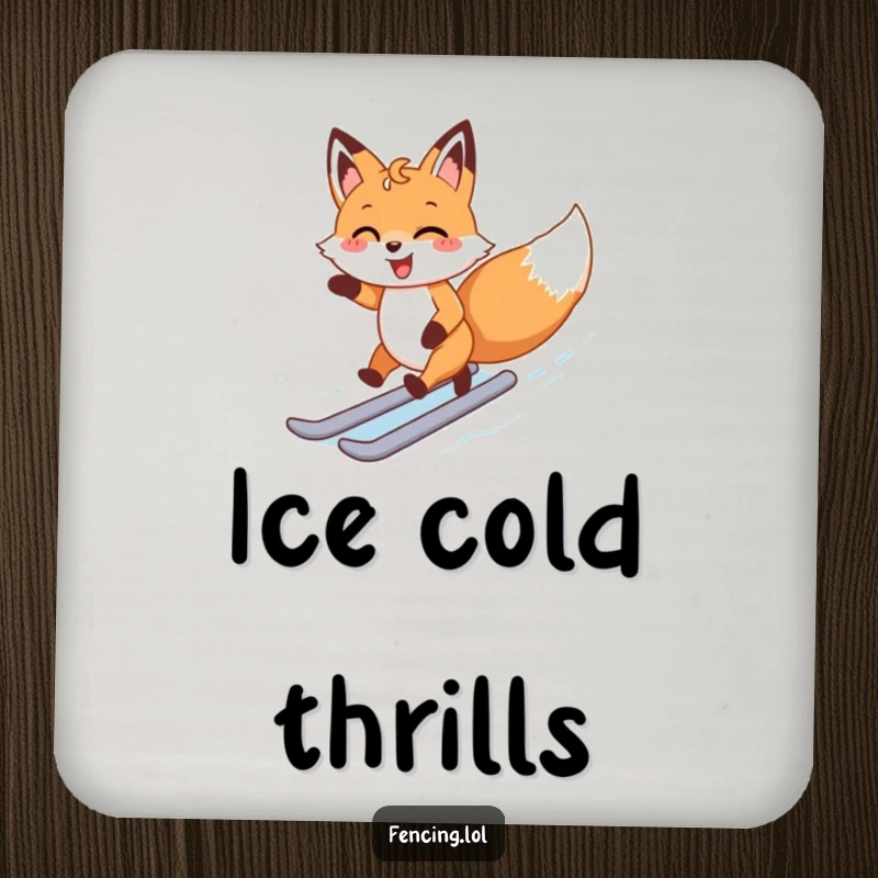 Funny drink coaster showing a happy fox joyfully zipping around an ice rink on skates, protecting your surfaces.