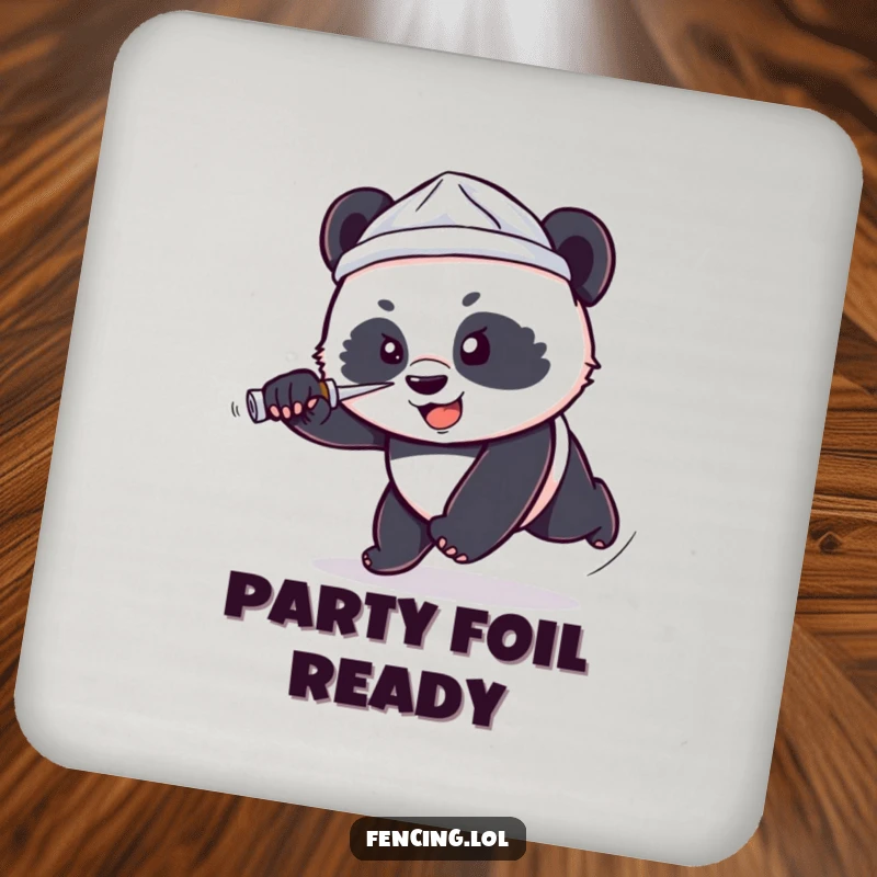 Funny drink coaster showing a determined, small panda wearing a tiny foil hat lunging forward with a foil, a humorous and protective accessory.