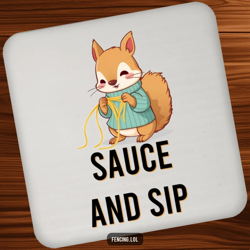 Funny squirrel coasters, humorously knitting with spaghetti strands, adding quirky and funny protection to drinks.