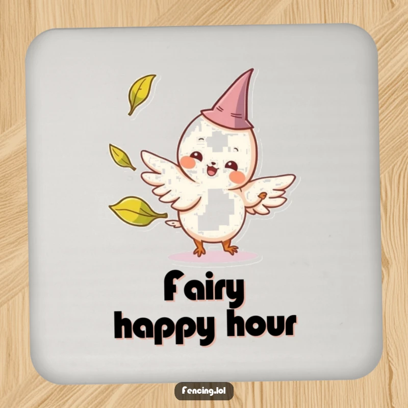 Funny drink coaster showing a cheerful, winged creature wearing a tiny pointed hat parrying a playfully tossed leaf, a humorous and protective accessory.