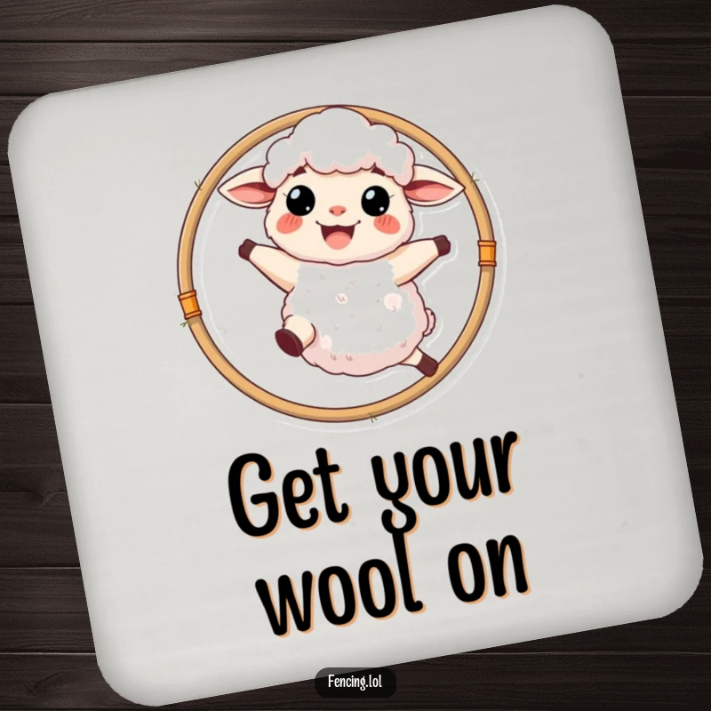 Funny sheep with a wide grin leaping through a hoop, charming and protective drink coaster.
