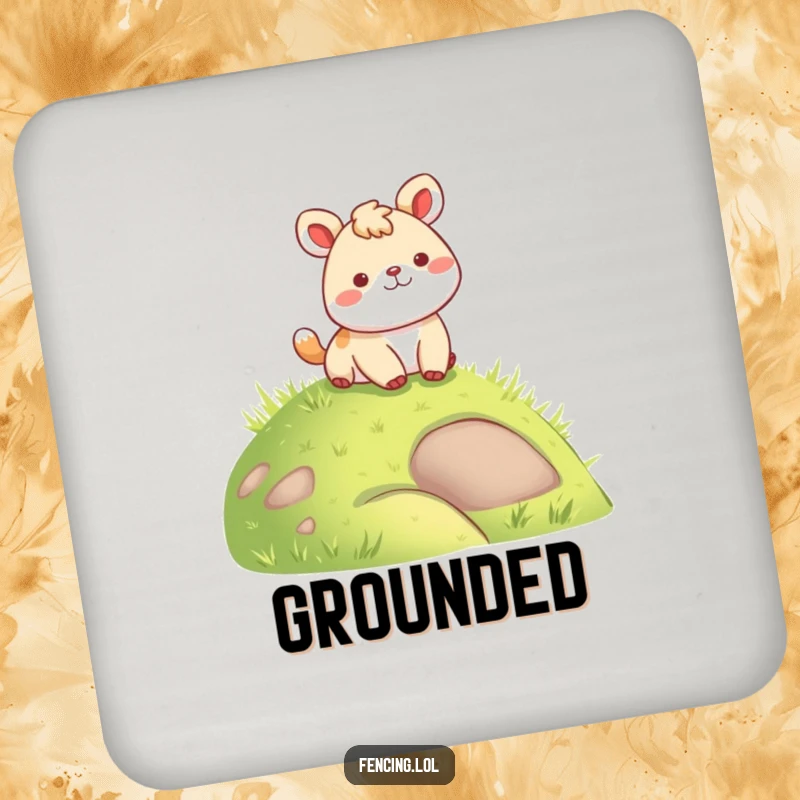 Funny drink coaster showing a happy animal landing softly on a grassy hill, protecting surfaces with humor.
