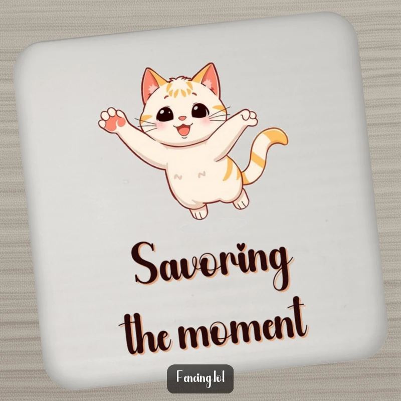 Funny Coaster: A playful cat making a sudden stop with a flourish, providing humorous and dramatic protection for furniture.