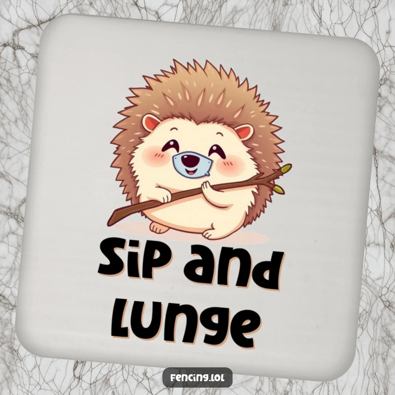 Funny drink coaster featuring a round, smiling hedgehog with a tiny mask, lunging with a twig, for humorous surface protection.