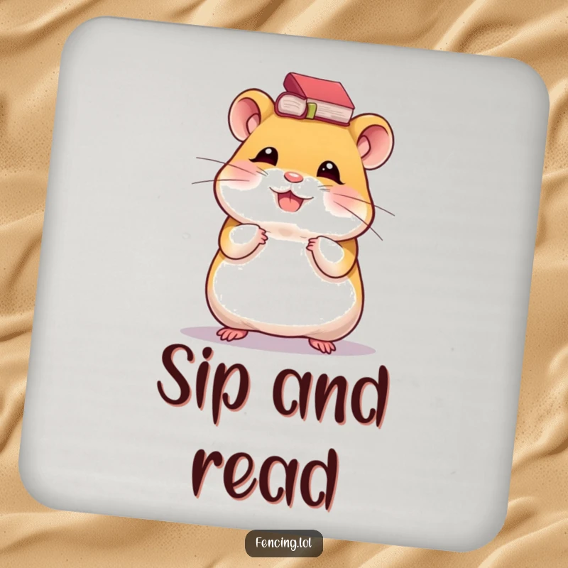 Funny drink coaster with a giggling hamster balancing a small book on its head, offering protection with scholarly cuteness.