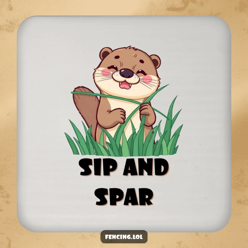 Funny drink coaster featuring a happy otter with a determined grin, humorously fencing with a long blade of grass, protecting surfaces.