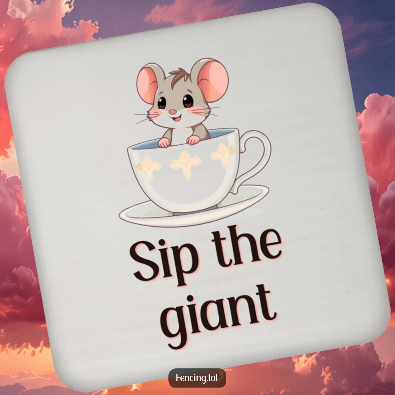 Funny brave mouse coasters, bravely sitting in a giant teacup, adding courageous and funny protection to drinks.