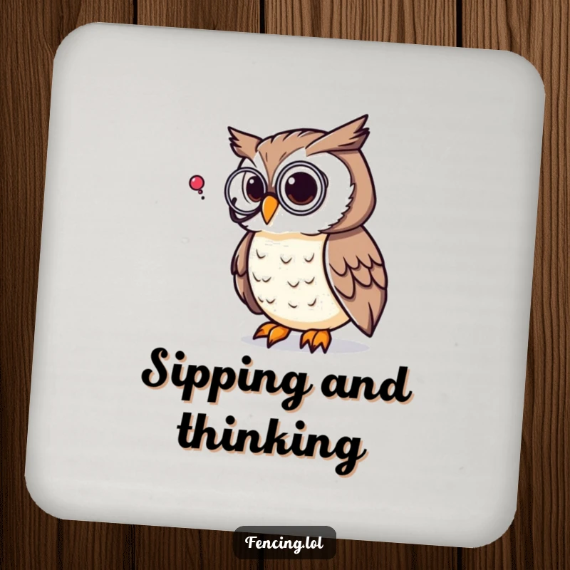 Funny drink coaster featuring a thoughtful owl wearing a monocle, pondering a question mark, adding intellectual humor to any surface.
