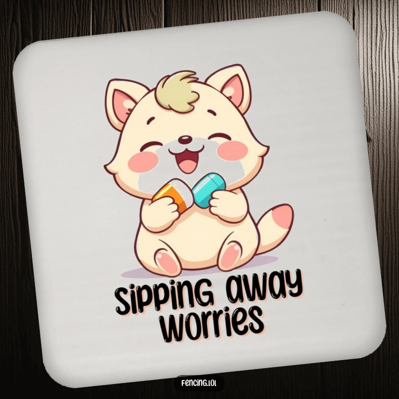 Funny drink coaster, joyful animal gently giving a colorful pill, adding a touch of happy humor to drink service.