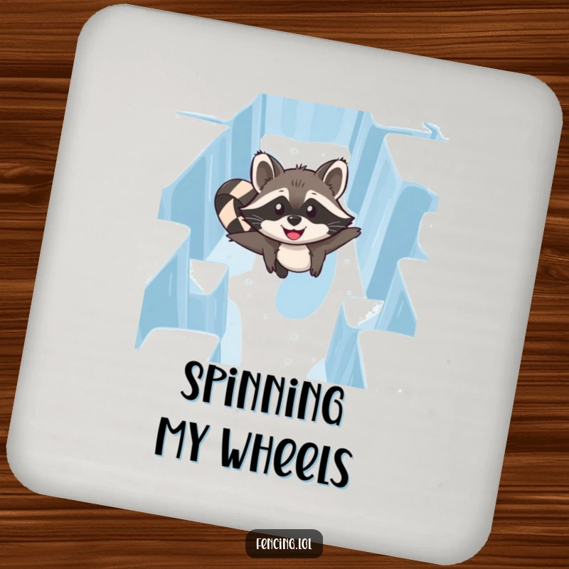 Funny Raccoon Ice Maze Coaster: A raccoon navigating an ice maze, protecting surfaces with humor.