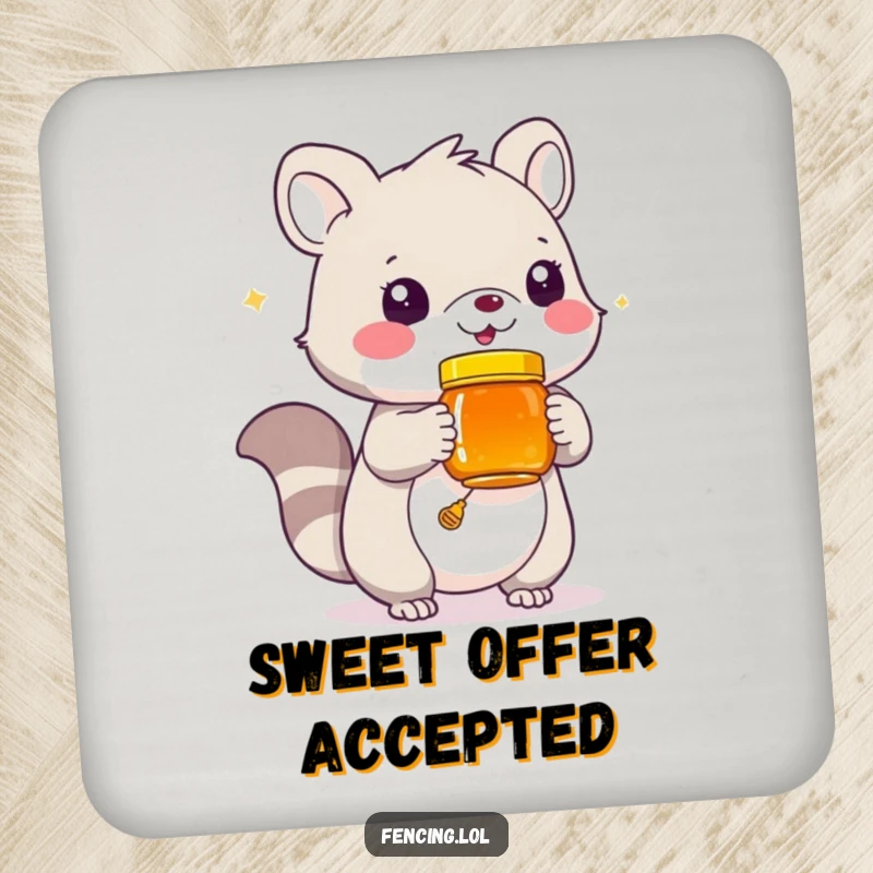 Funny drink coaster featuring a playful animal offering a jar of honey, protecting surfaces with sweet humor.