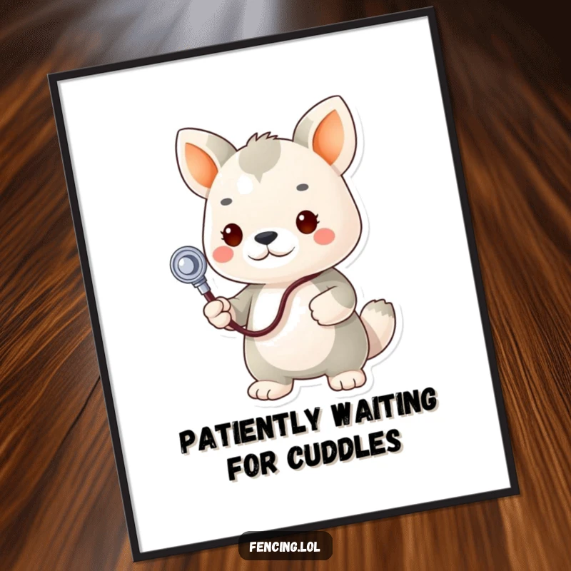 Funny poster, determined animal vet with stethoscope examining a plush toy, a humorous and heartwarming piece of art.