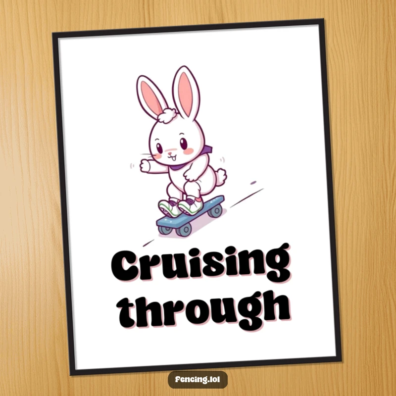 Funny bunny roller skater poster art, a cute rabbit gliding down a slope on roller skates, adding playful energy.