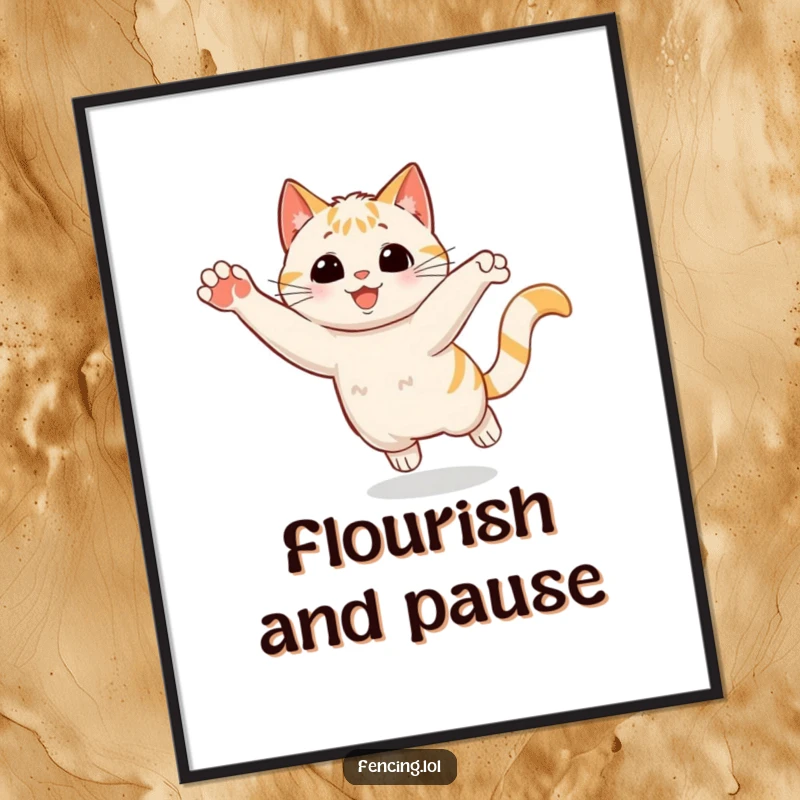 Funny Poster: A playful cat making a sudden stop with a flourish, capturing dramatic action and feline elegance for wall art.