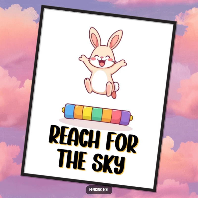 Funny rabbit poster featuring a cheerful bunny performing an impressive high jump over a colorful bar, full of energy.