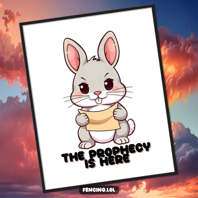 Funny poster of a determined rabbit holding a small scroll with a focused gaze, symbolizing ambition and drive, motivational wall art.