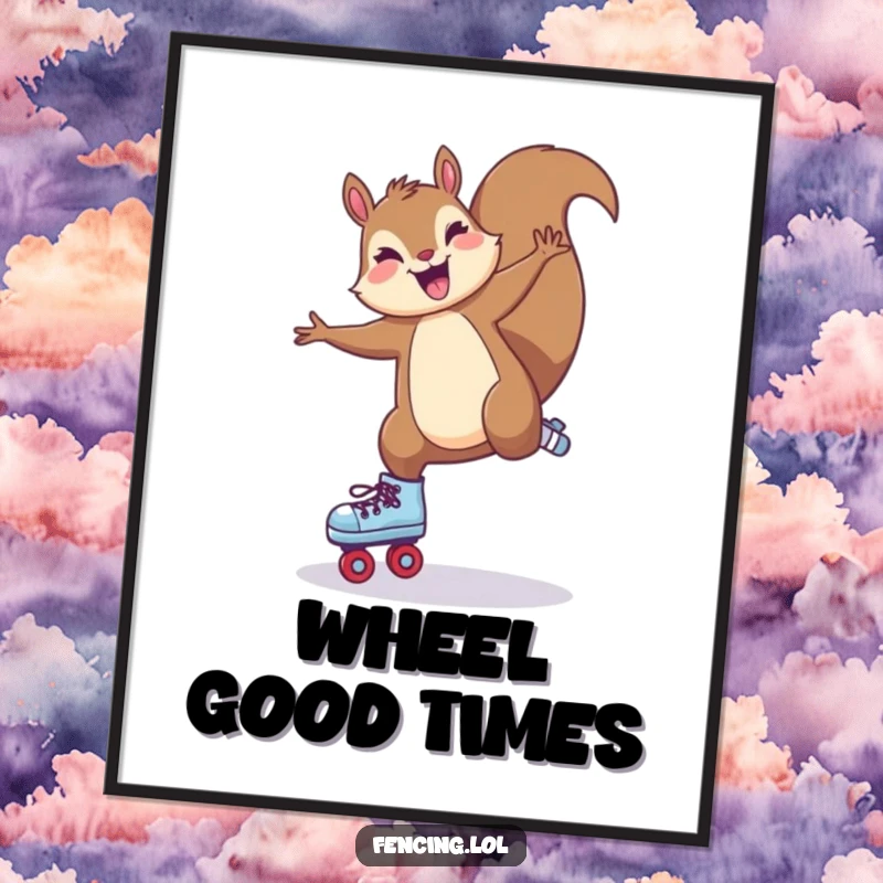 Funny Poster: A joyful squirrel executing a cartwheel on roller skates, celebrating dynamic movement and cheerful spirit.
