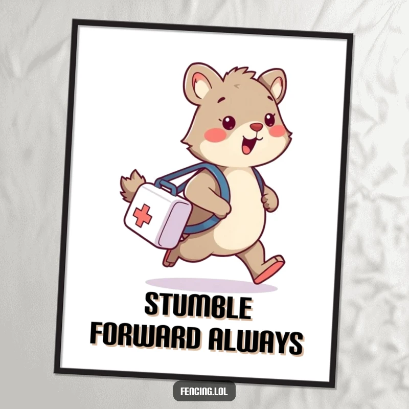 Funny poster illustrating a wobbly animal tripping while carrying a medical bag, adding a humorous touch to decor.