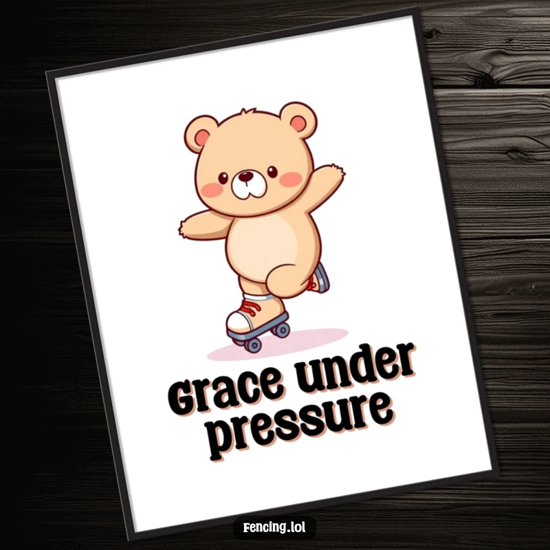 Funny poster print of a wobbly bear attempting a roller skating trick, captured mid-wobble with a comical expression.