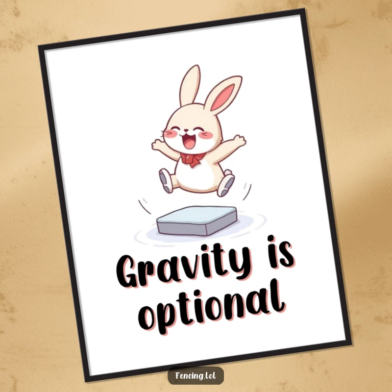 Funny poster of a giggling bunny attempting a triple jump on ice, capturing a moment of athletic humor and pure joy, perfect for printing as a gift.